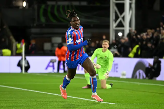 Chrisantus Uche of Crystal Palace celebrates scoring his team's first goal during the UEFA Conference League 2025/26 League Phase MD6 match between Crystal Palace FC and KuPS Kuopio at Selhurst Park.