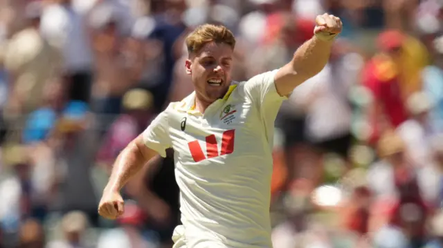 Australia's Cameron Green celebrates after taking the wicket of England's Harry Brook