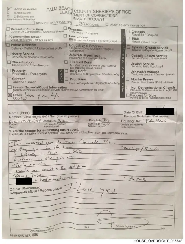Photo of a filled out inmate release form