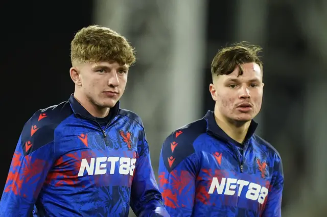 Crystal Palace's George King and Dean Benamar warming up ahead of the UEFA Conference League match at Selhurst Park.
