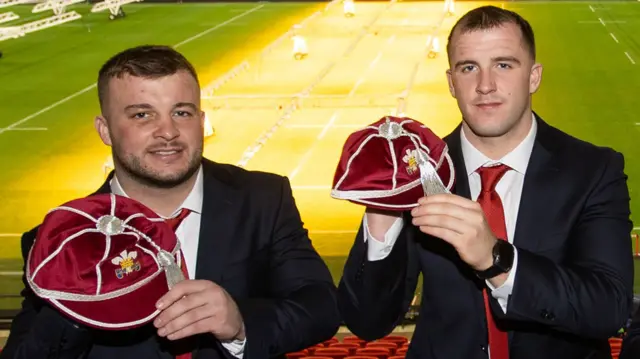 Harri Deaves and Morgan Morse with their Wales caps after making Test debuts against New Zealand