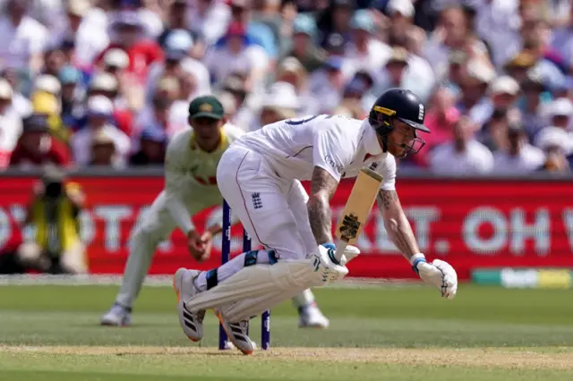 England’s Ben Stokes falls over while batting on day three of the third NRMA Insurance Ashes Series 2025 test at the Adelaide Oval, Australia