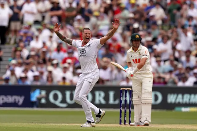 Brydon Carse appeals for a caught behind against Marnus Labuschagne