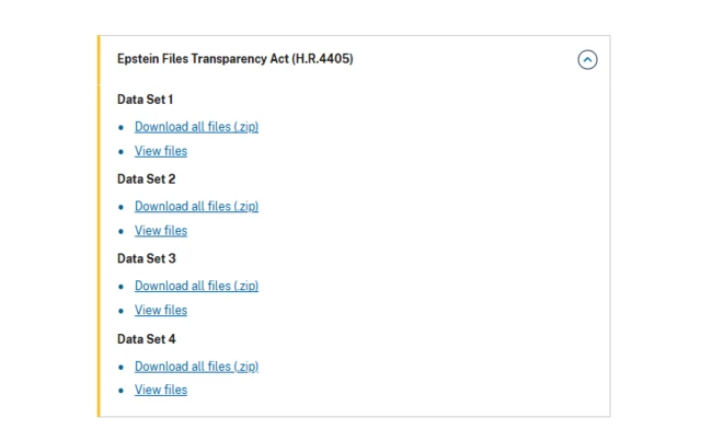 A screenshot of a Department of Justice web page shows there are four datasets available, with options to view or download all files