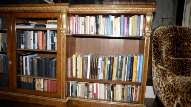 a bookshelf full of books beside a leopard print chair