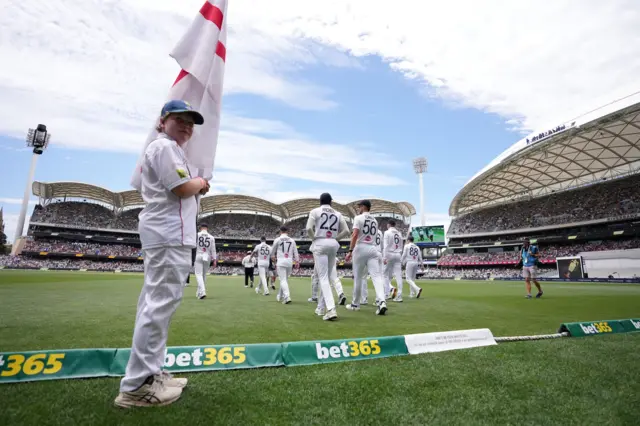 England walk out to field for the second session of the day on day three of the third NRMA Insurance Ashes Series 2025 test at the Adelaide Oval, Australia