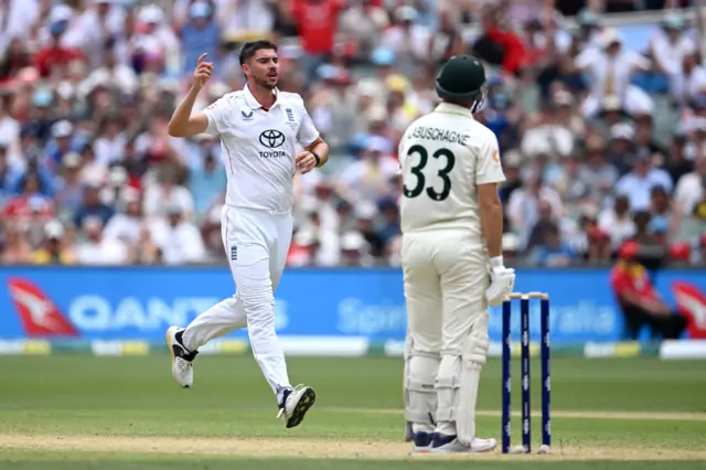 Josh Tongue celebrates the wicket of Marnus Labuschagne