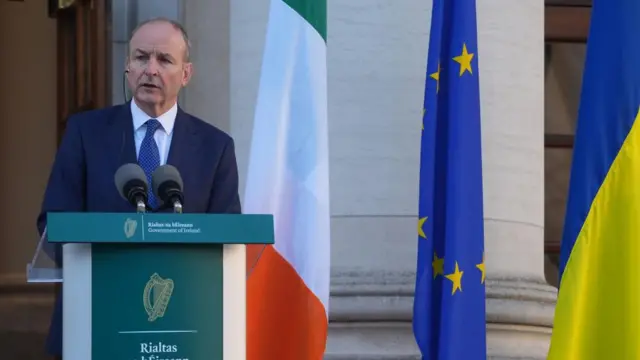 Taoiseach Micheal Martin speaks to the media