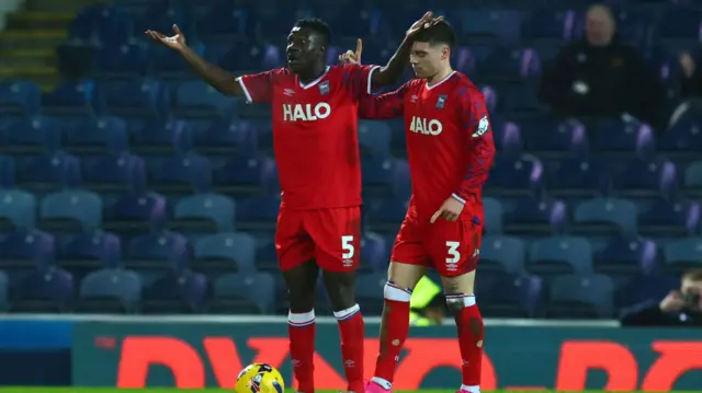 Ipswich's Azor Matusiwa protests his innocence to referee Oliver Langford