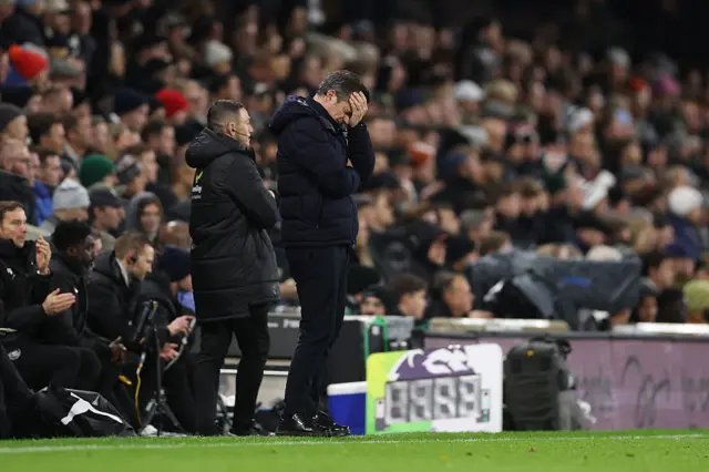 Marco Silva, Manager of Fulham, reacts during the Premier League match between Fulham and Manchester City at Craven Cottage on December 02, 2025 in London, England.