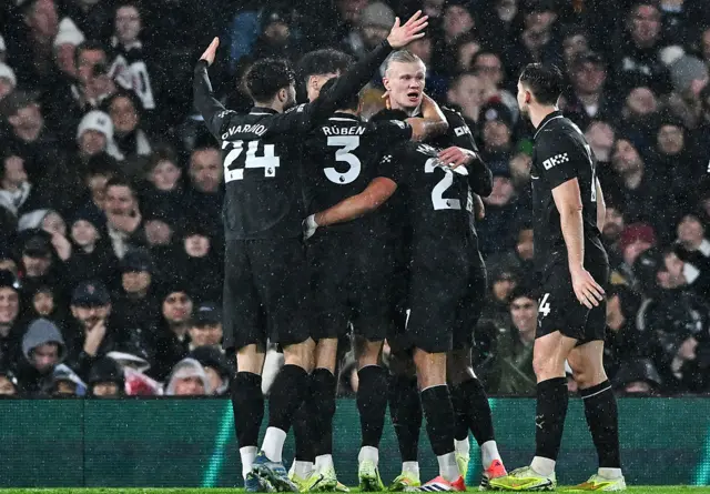 Erling Haland of Manchester City celebrates his goal with team mates