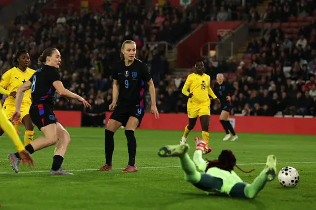 England's midfielder #08 Lucia Kendall (2L) scores the opening goal during the women's International football friendly match between England and Ghana at St Mary's Stadium in Southampton, southern England on December 2, 2025.