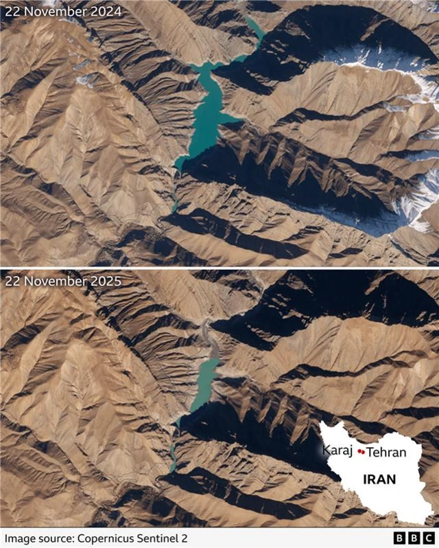 Satellite images showing the Karaj reservoir (top) in November 2024 and (botton) November 2025 where it appears to have significantly less water