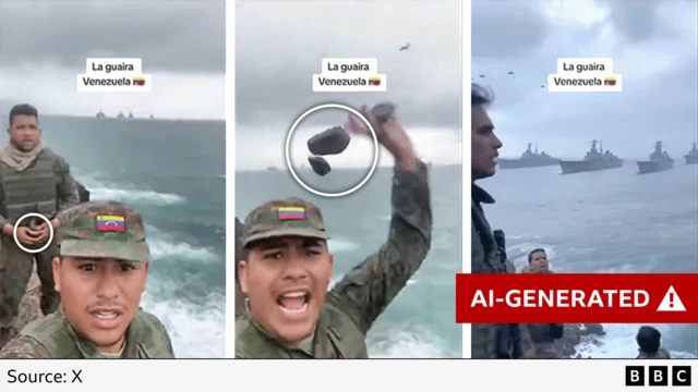 A graphic with three screengrabs from the AI-generated video. The first shows a soldier with distorted hands, the second shows a different soldier throwing the rock backwards in an unnatural manner as it splits into several pieces and the third shows 4 warships within metres of the coast as a second group of soldiers look on.