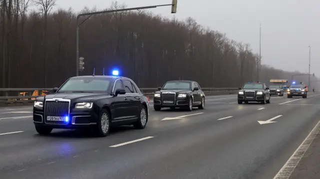 A motorcade, reportedly transporting officials including U.S. President Donald Trump's envoy Steve Witkoff and son-in-law Jared Kushner, departs Vnukovo International Airport