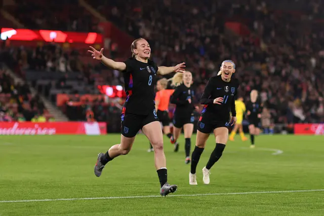 Lucia Kendall of England celebrates scoring her team's first goal during the Women's international friendly match between England and Ghana at St Mary's Stadium on December 02, 2025 in Southampton, England.