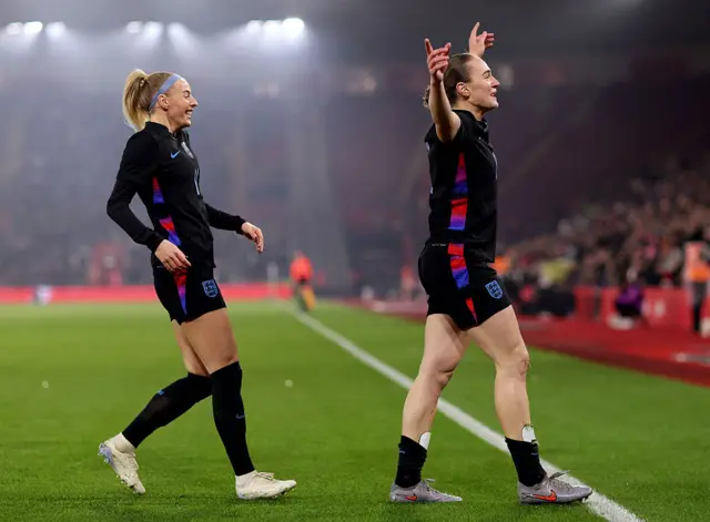 Lucia Kendall of England celebrates scoring her team's first goal during the Women's international friendly match between England and Ghana at St Mary's Stadium on December 02, 2025 in Southampton, England.