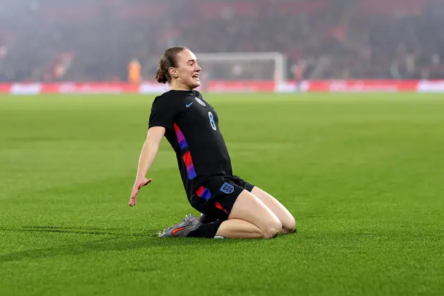Lucia Kendall of England celebrates scoring her team's first goal during the Women's international friendly match between England and Ghana at St Mary's Stadium on December 02, 2025 in Southampton, England.