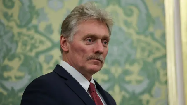 Mid-shot Kremlin spokesman Dmitry Peskov standing inside a room with brocade walls in green, yellow and light blue pattern