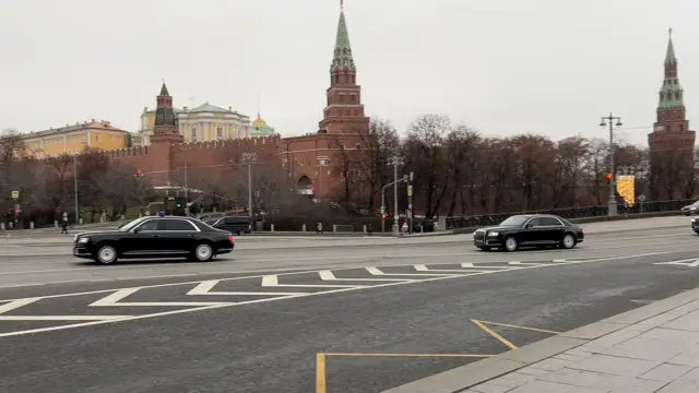 A motorcade, reportedly transporting officials including U.S. President Donald Trump's envoy Steve Witkoff and son-in-law Jared Kushner, drives past the Kremlin in Moscow