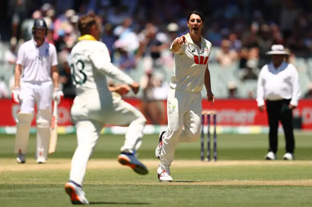 Pat Cummins celebrates the wicket of Ollie Pope
