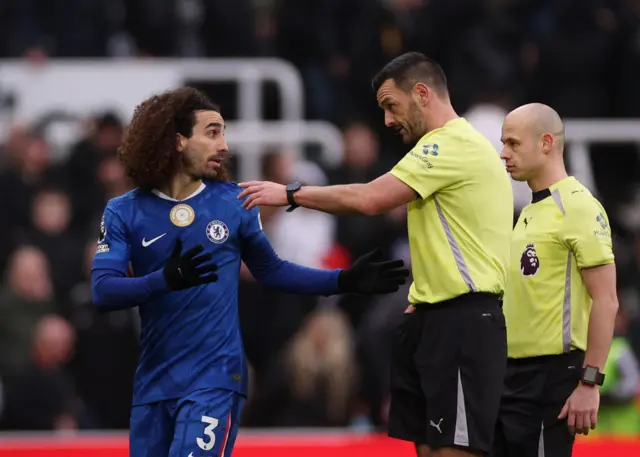 Chelsea's Marc Cucurella remonstrates to referee Andy Madley during Newcastle United v Chelsea.