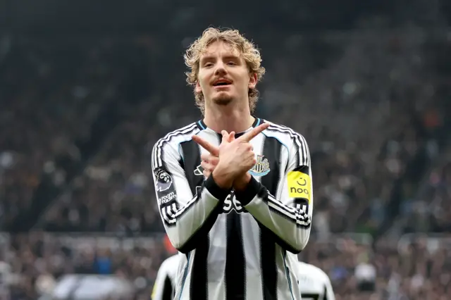 Nick Woltemade of Newcastle United celebrates scoring his team's second goal during the Premier League match between Newcastle United and Chelsea at St James' Park on December 20, 2025.