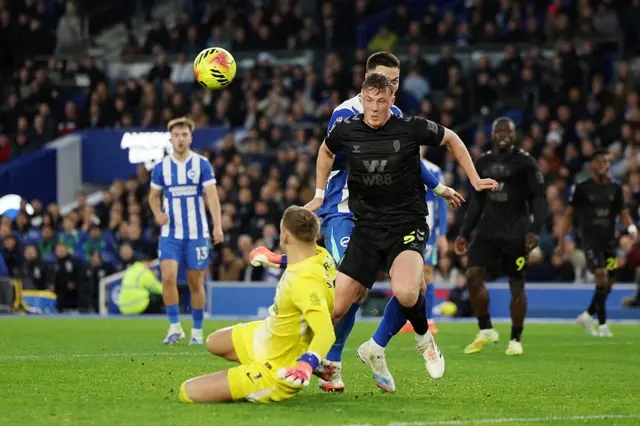 : Bart Verbruggen of Brighton & Hove Albion saves a shot form Daniel Ballard of Sunderland during the Premier League match between Brighton & Hove Albion and Sunderland at Amex Stadium on December 20, 2025 in Brighton, England.