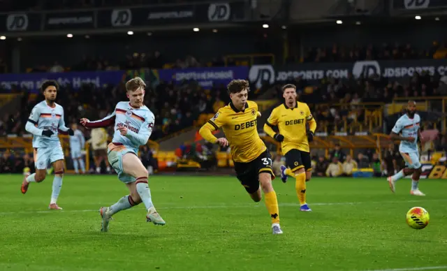 Brentford's Keane Lewis-Potter scores their first goal in Premier League fixture v Wolves.