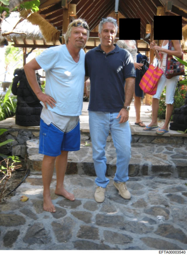 Photograph showing Richard Branson, Jeffrey Epstein and two women whose faces have been redacted