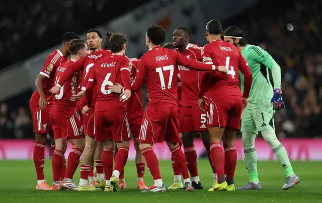 Players of Liverpool form a huddle prior to the Premier League match between Tottenham Hotspur and Liverpool at Tottenham Hotspur Stadium on December 20, 2025 in London, England.