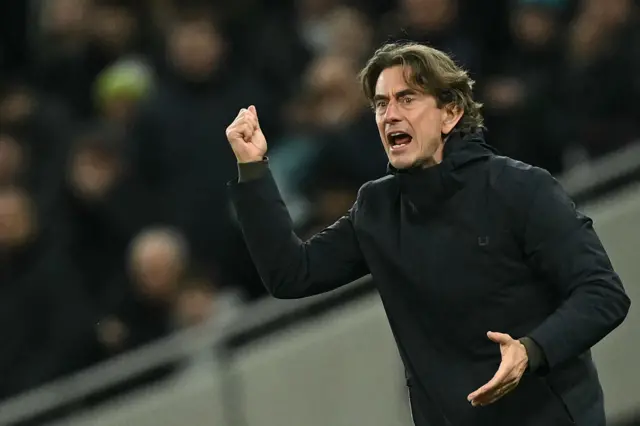 Tottenham Hotspur's Danish head coach Thomas Frank gestures