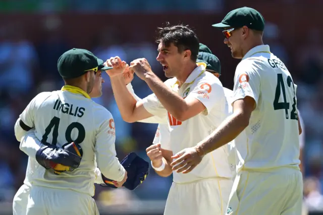 Pat Cummins celebrates the wicket of Joe Root