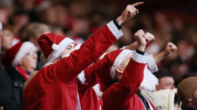Middlesbrough fans in the away end at Ashton Gate dressed as Santa