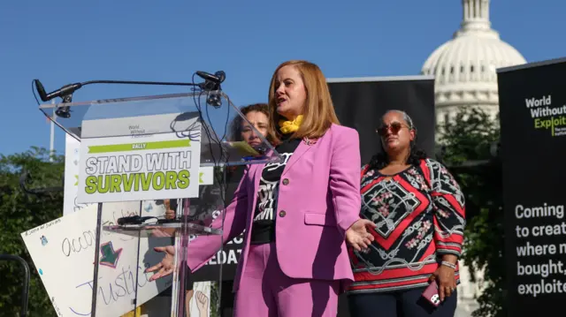 Epstein survivor Liz Stein photographed earlier this year at a rally in Washington