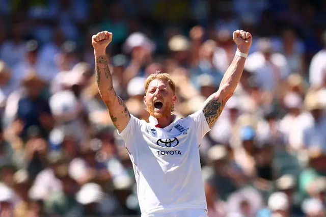Ben Stokes celebrates the wicket of Josh Inglis, which is later overturned on review