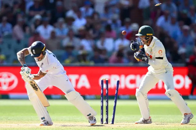 Ben Stokes is bowled by Nathan Lyon