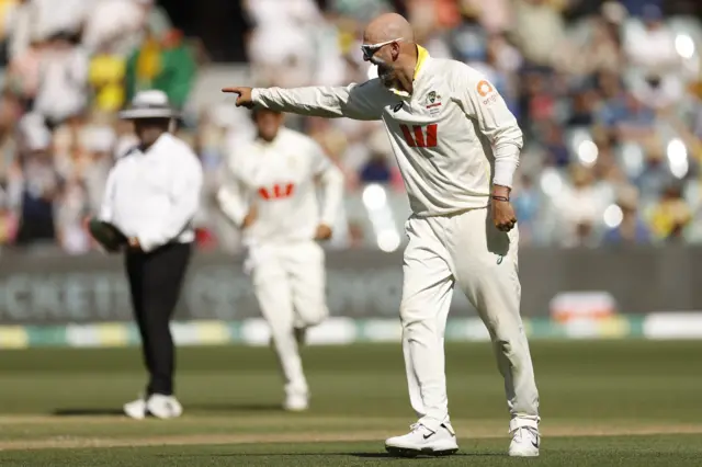 Nathan Lyon celebrates a wicket