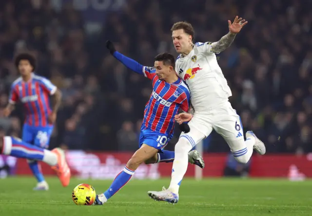 Crystal Palace's Yeremy Pino in action with Leeds United's Joe Rodon during Premier League fixture Leeds United v Crystal Palace.