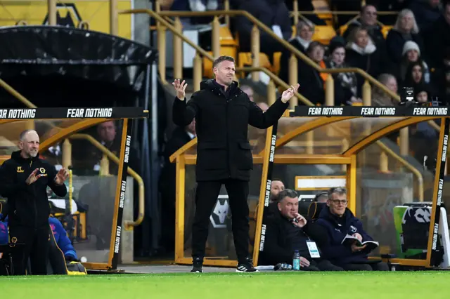 Rob Edwards, Manager of Wolverhampton Wanderers, reacts during the Premier League match between Wolverhampton Wanderers and Brentford at Molineux on December 20, 2025 in Wolverhampton, England.