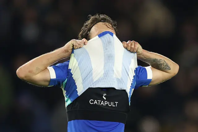 Olivier Boscagli of Brighton & Hove Albion looks dejected following the Premier League match between Brighton & Hove Albion and Sunderland at Amex Stadium on December 20, 2025 in Brighton, England.