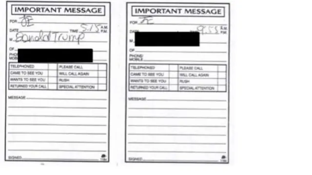 Redacted phone message carrying the name of Donald Trump (left)
