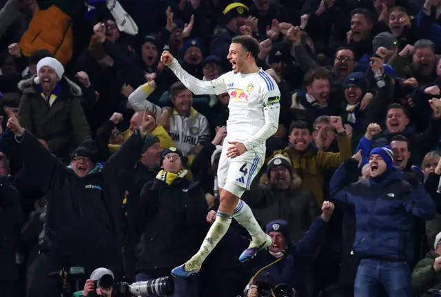 Leeds United's Ethan Ampadu celebrates scoring their third goal against Crystal Palace during Premier League fixture.