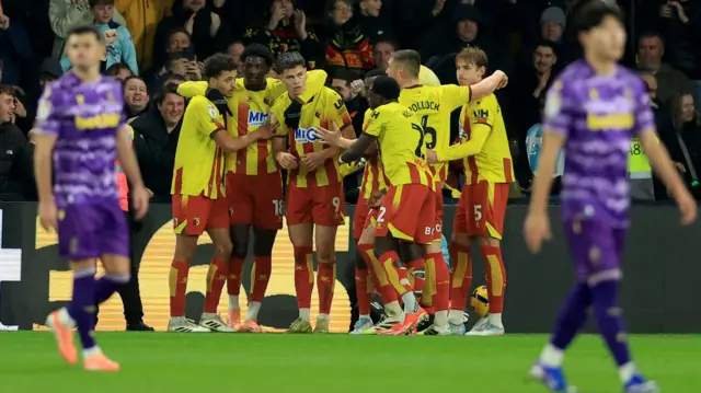 Watford celebrate Luca Kjerrumgaard's goal against Stoke