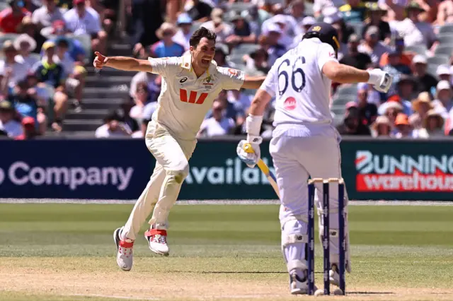 Pat Cummins celebrates the wicket of Joe Root
