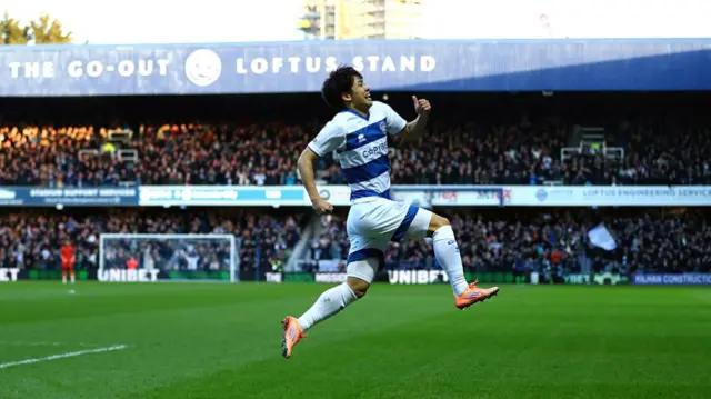 Koki Saito jumps for joy after scoring against Leicester