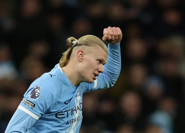 Manchester City's Erling Haaland celebrates scoring their third goal in Premier League fixture v West Ham United.