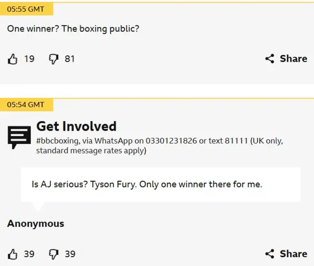 A screenshot of a BBC Sport live text page that says 'might have misjudged this one...' above an image of 'One winner? The boxing public' and a text that says 'Is AJ serious? Tyson Fury. Only one winner there for me.'