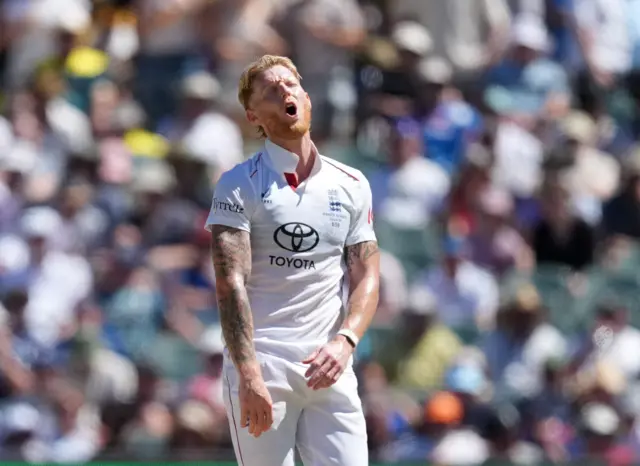 Ben Stokes looks dejected as Josh Inglis is successful in overturning an lbw decision