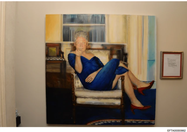 Painting of Clinton, depicted wearing the famed blue dress
